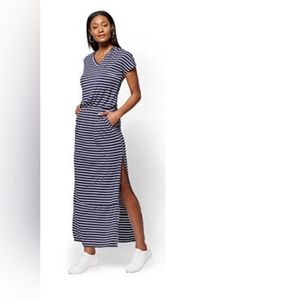NY&Co. Gray/ white striped hoodie maxi dress